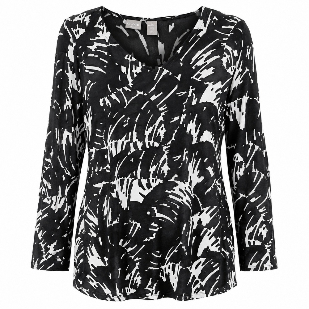 Chicos Travelers Black White Abstract‎ V-Neck Roll Tab Sleeve Top Size 3 16/18